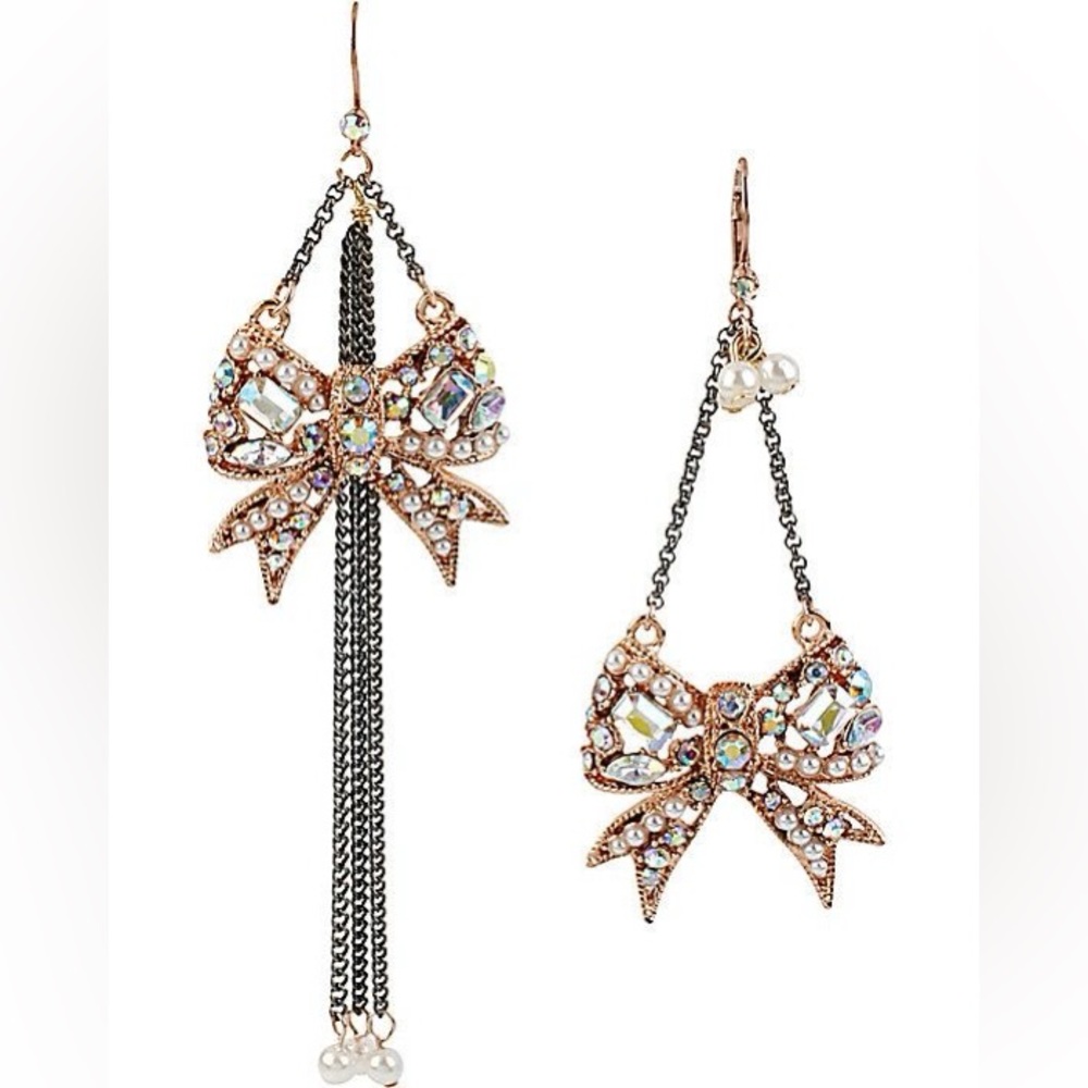 Betsey Johnson "Critter Boost" Crystal Gem Bow Mismatch Drop Earrings NWT